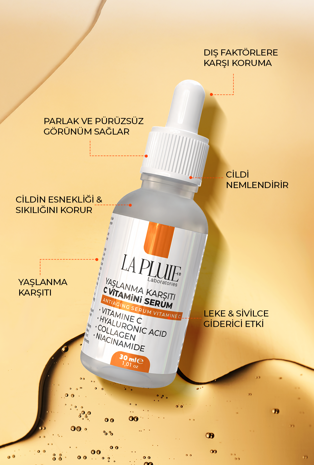 Yaşlanma Karşıtı C Vitamini Serum 30ML VITAMINE C+HYALURONIC ACID+COLLAGEN+NIACINAMIDE