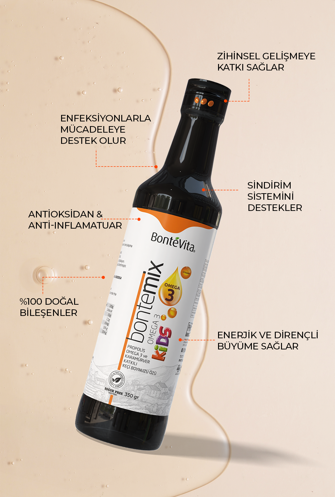 BonteVita KIDS OMEGA 3 + Propolis + Karamürver Katkılı Keçi Boynuzu Özü (Soğuk Sıkım) 350 Gr.